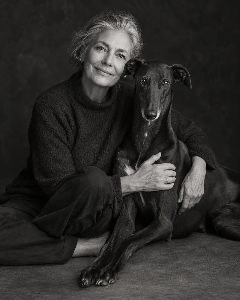 Black and white AI portrait example of a person with a pet