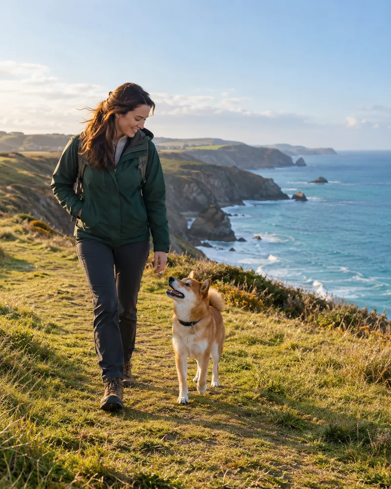 AI style illustration of an adult and a dog on a coastal footpath