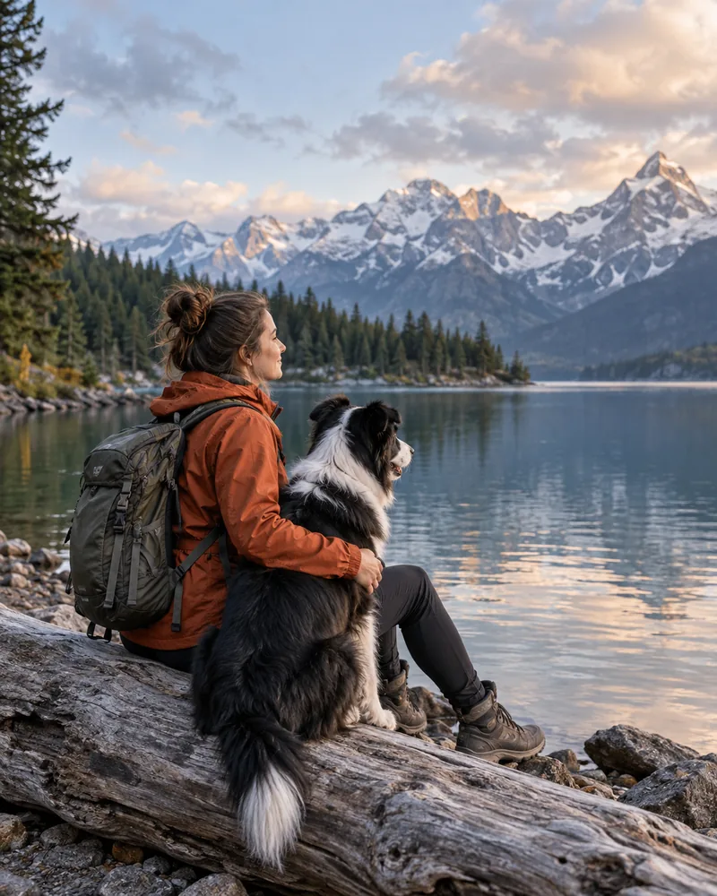 AI portrait example of an adult and a border collie beside a mountain lake