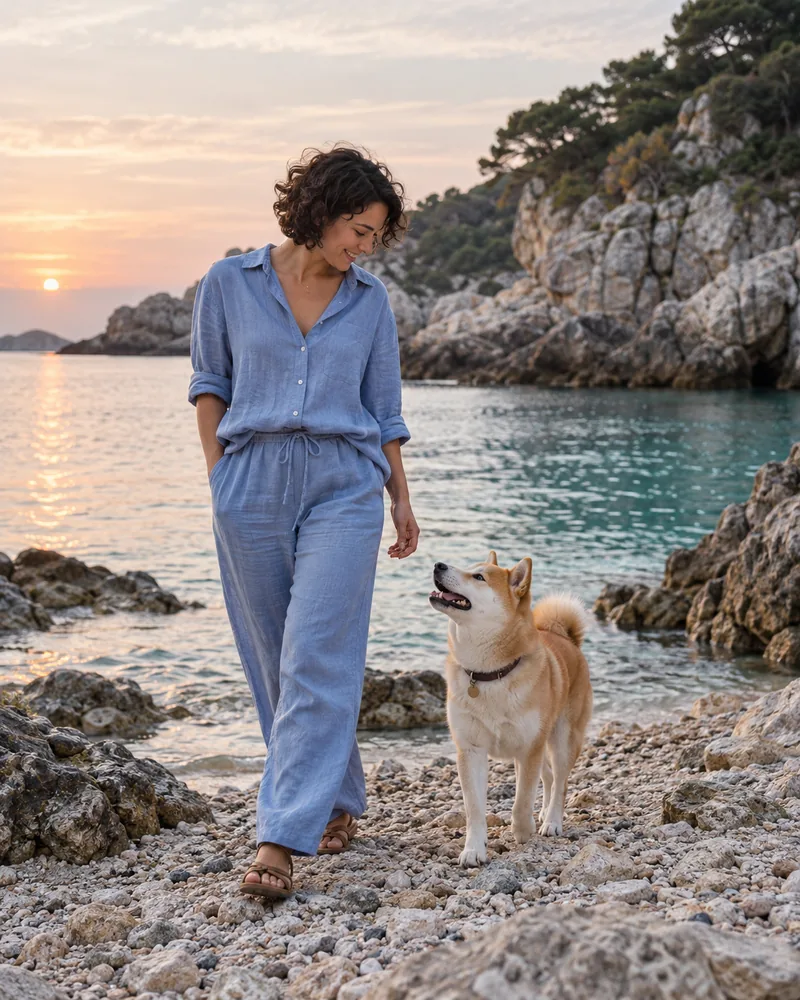 AI pet and owner portrait example in a seaside setting
